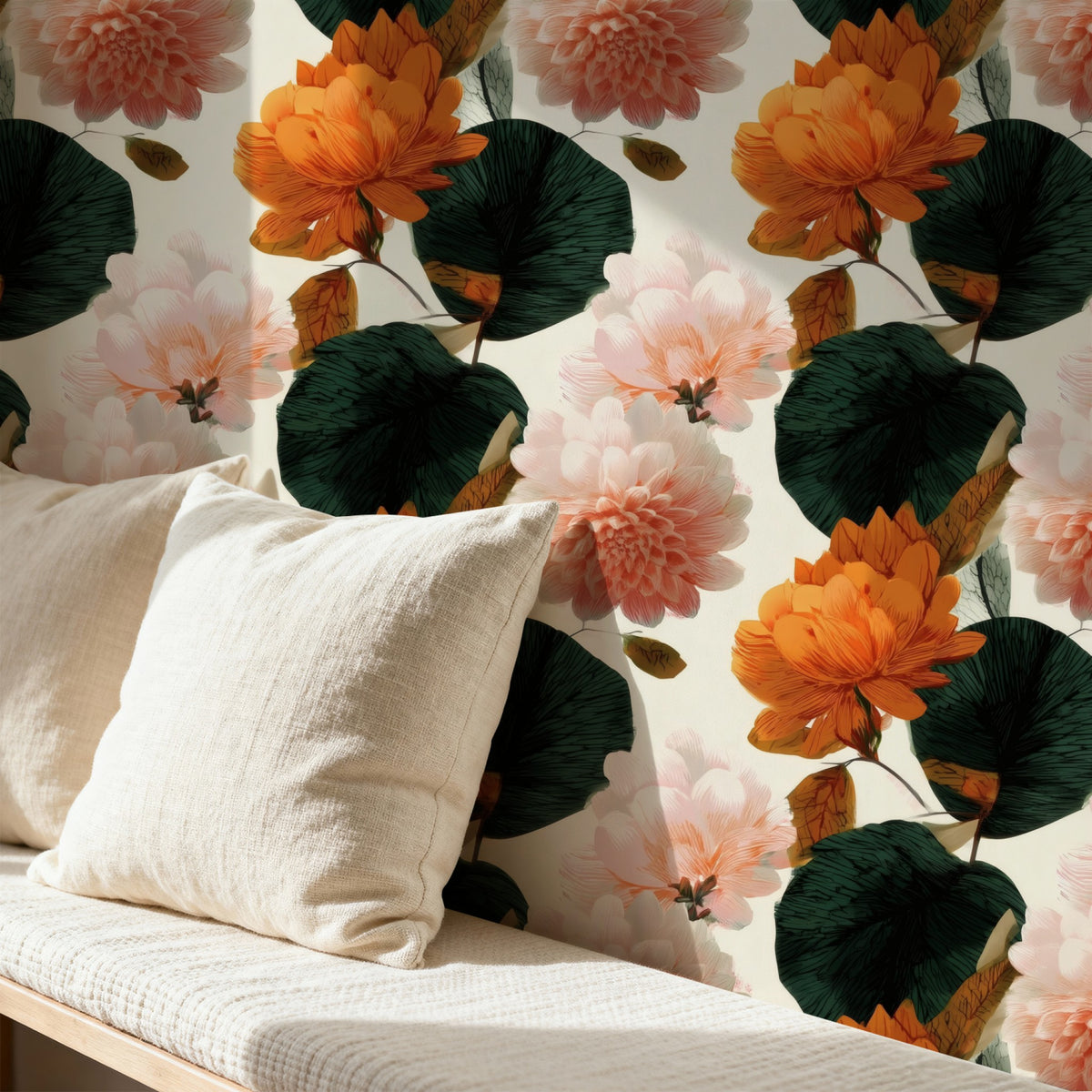 Peach Dahlia large scale wallpaper in a styled room