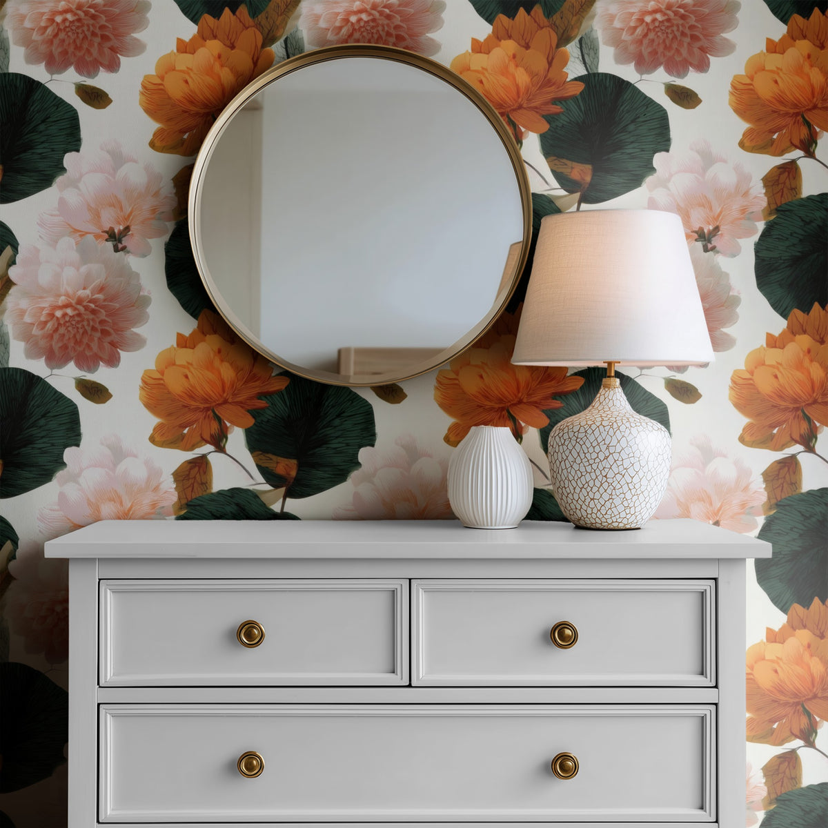 Peach Dahlia large scale wallpaper in a styled room