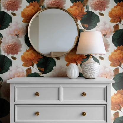 Peach Dahlia large scale wallpaper in a styled room