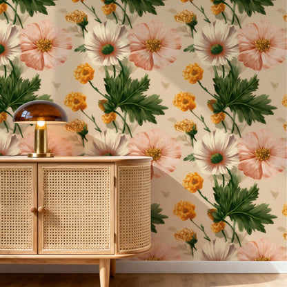 Peach Daisy large scale wallpaper in a styled room