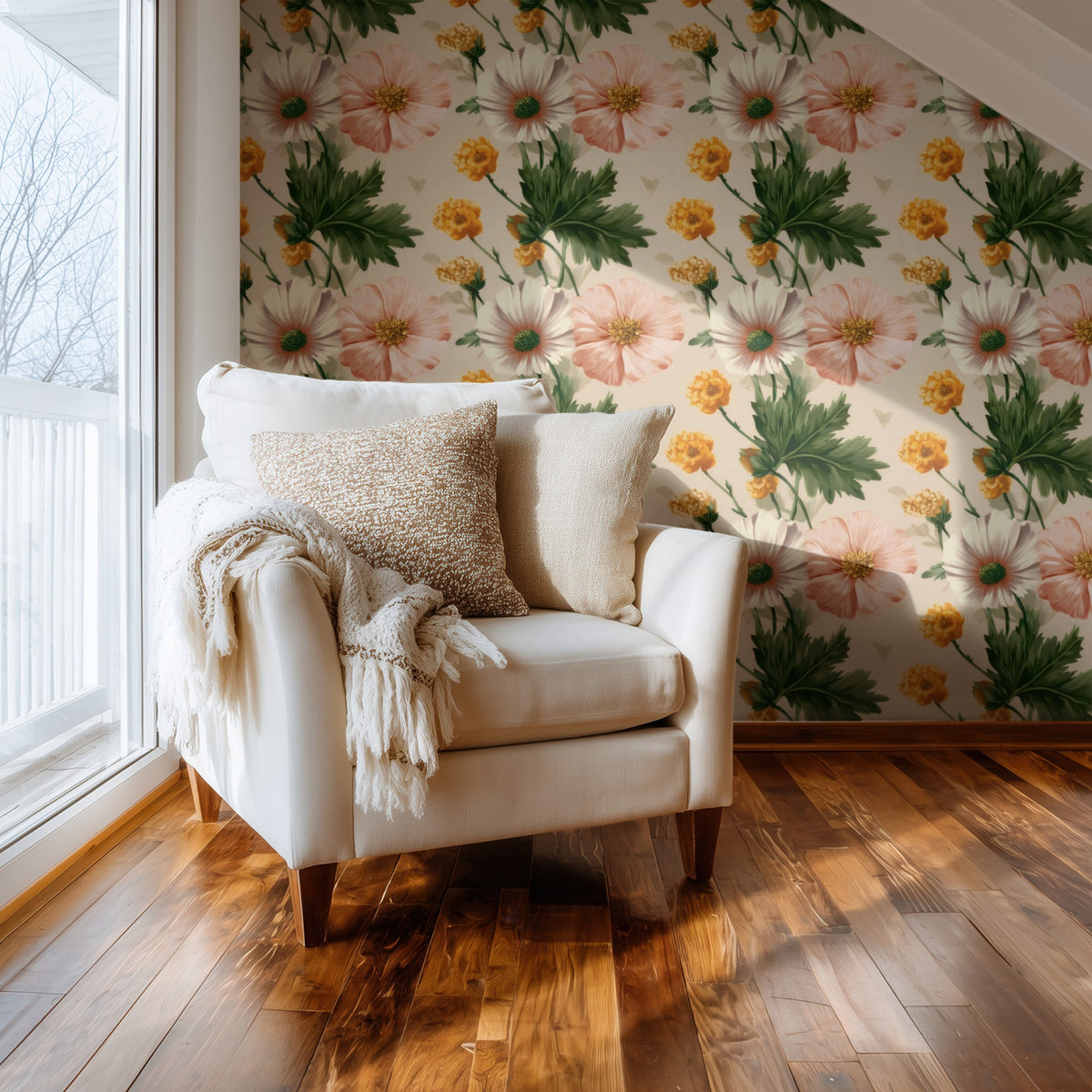 Peach Daisy large scale wallpaper in a styled room