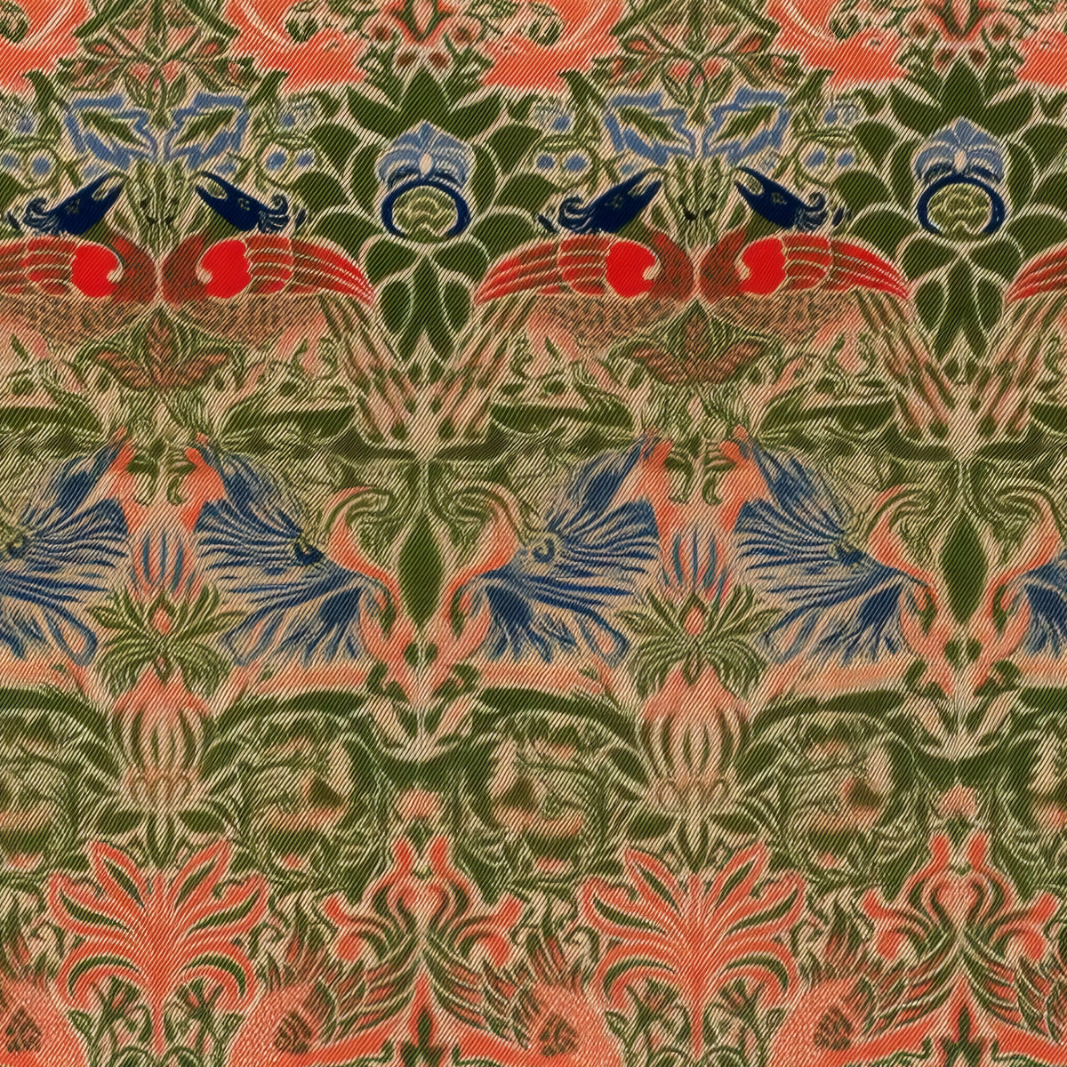 Mirrored peacocks and dragons in coral, red and blue among olive foliage, in rich woven tones, a William Morris design.