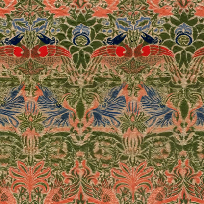 Mirrored peacocks and dragons in coral, red and blue among olive foliage, in rich woven tones, a William Morris design.