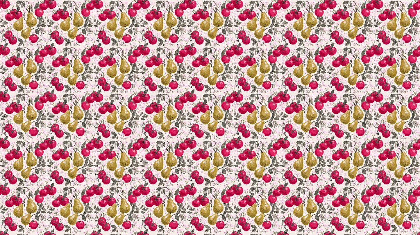 Fruit Mural of olive-gold pears and crimson apples on brown branches with pink blossom.