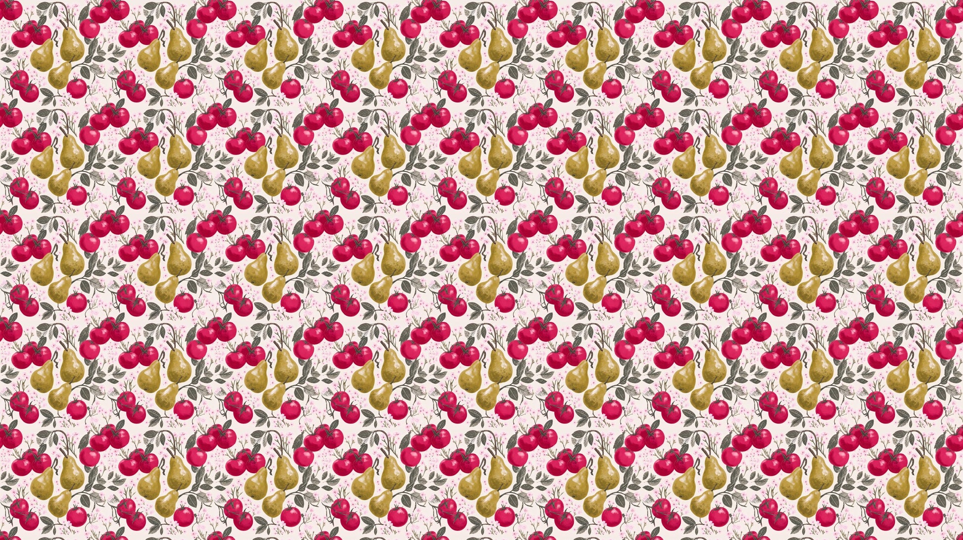 Fruit Mural of olive-gold pears and crimson apples on brown branches with pink blossom.