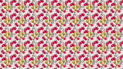 Fruit Mural of olive-gold pears and crimson apples on brown branches with pink blossom.
