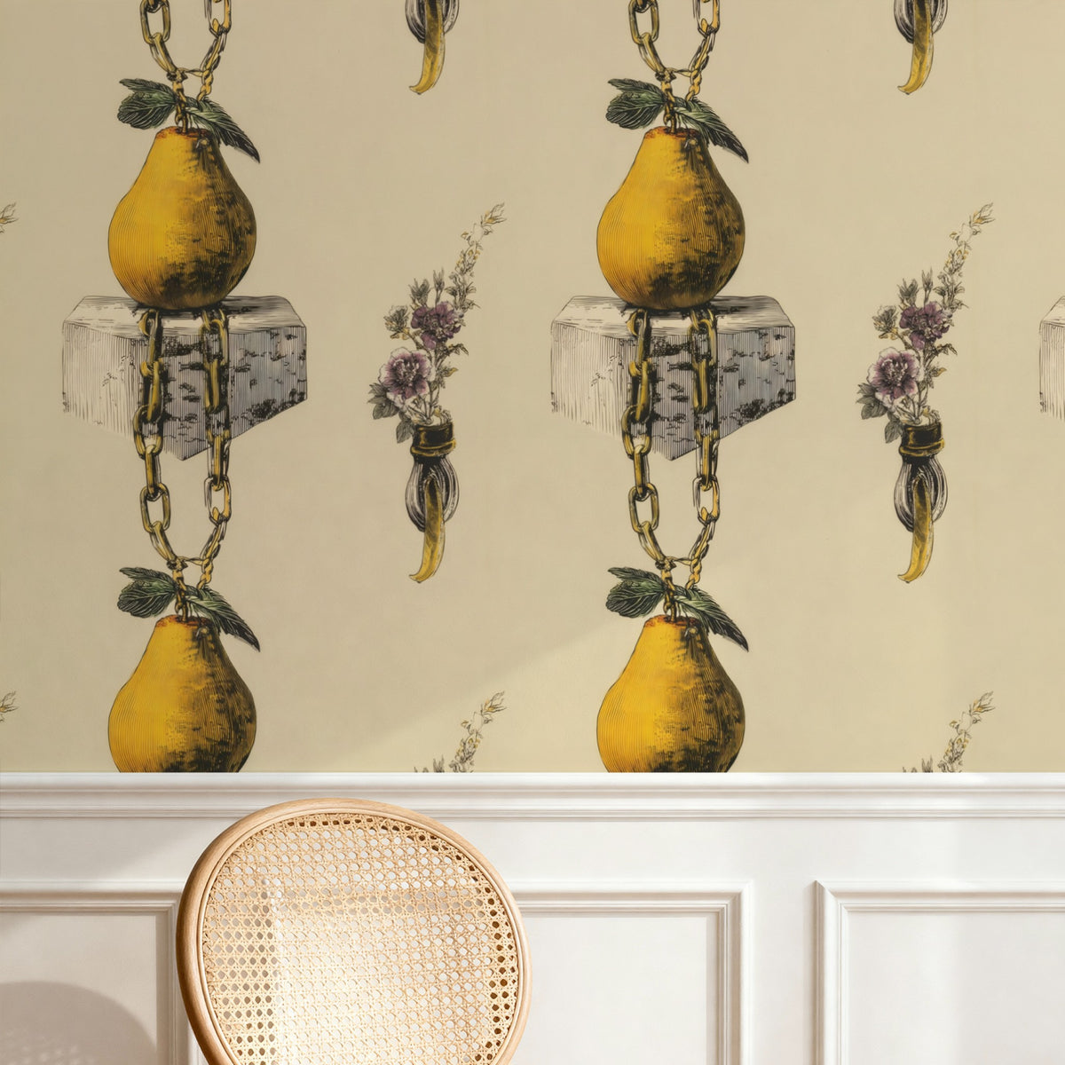 Curiouso Still Life large scale wallpaper in a styled room