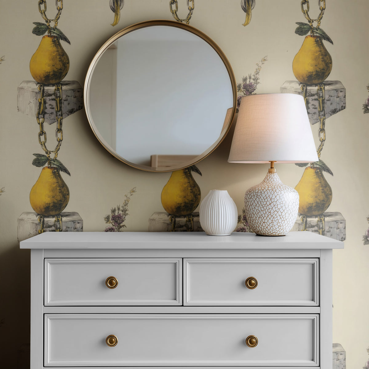 Curiouso Still Life large scale wallpaper in a styled room