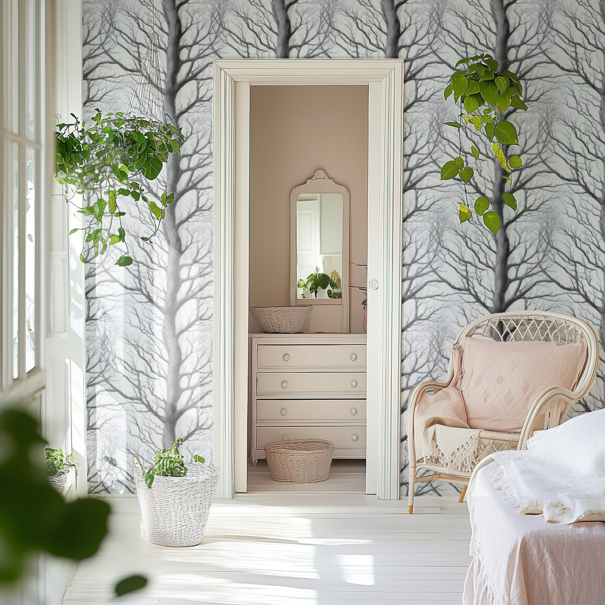 Pencil Forest large scale wallpaper in a styled room