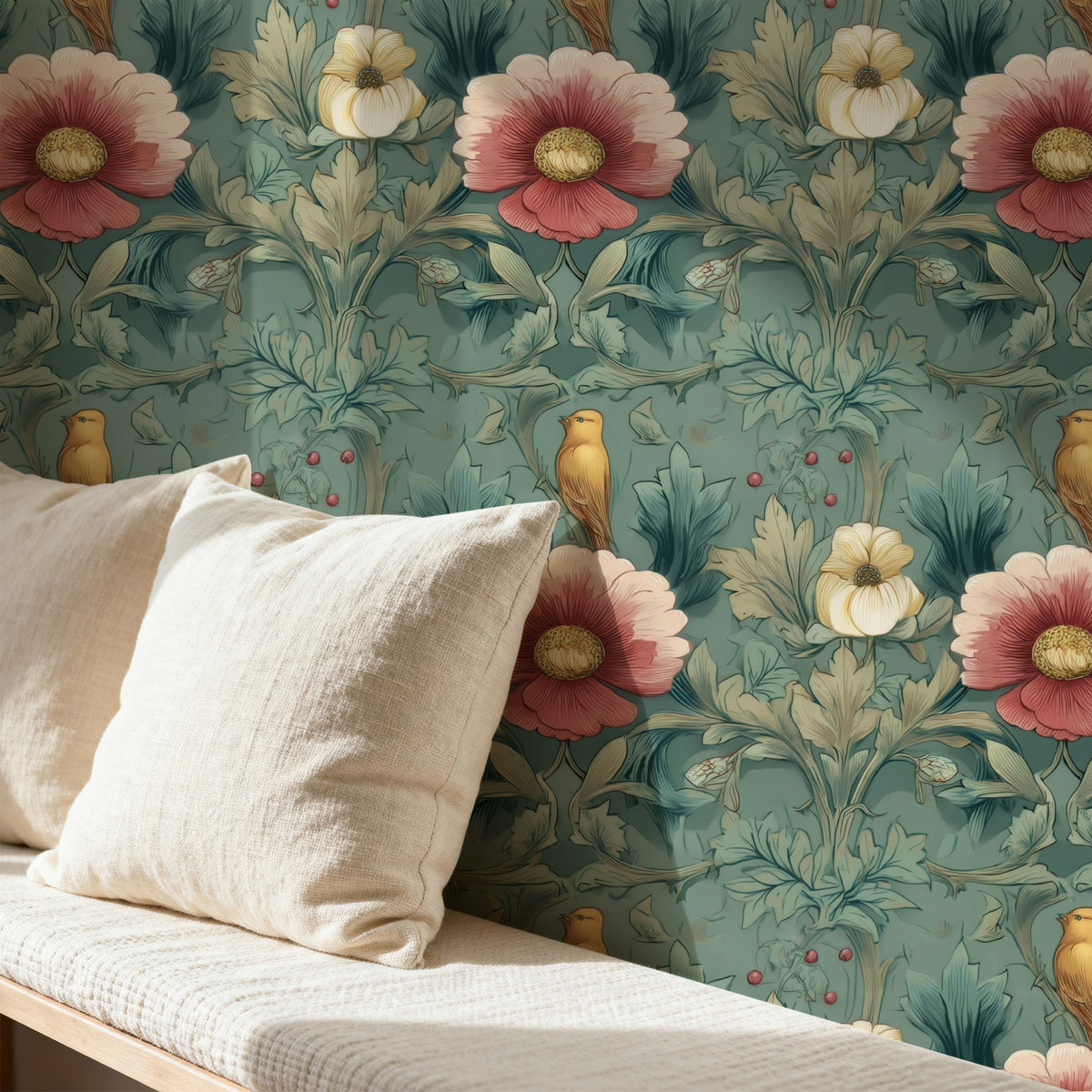 Peony Damask large scale wallpaper in a styled room