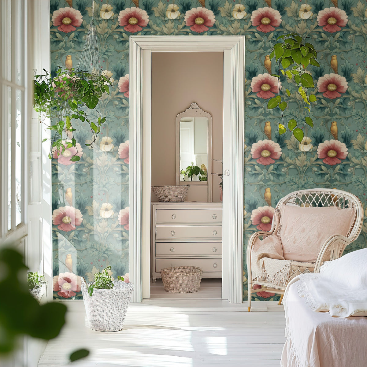 Peony Damask large scale wallpaper in a styled room