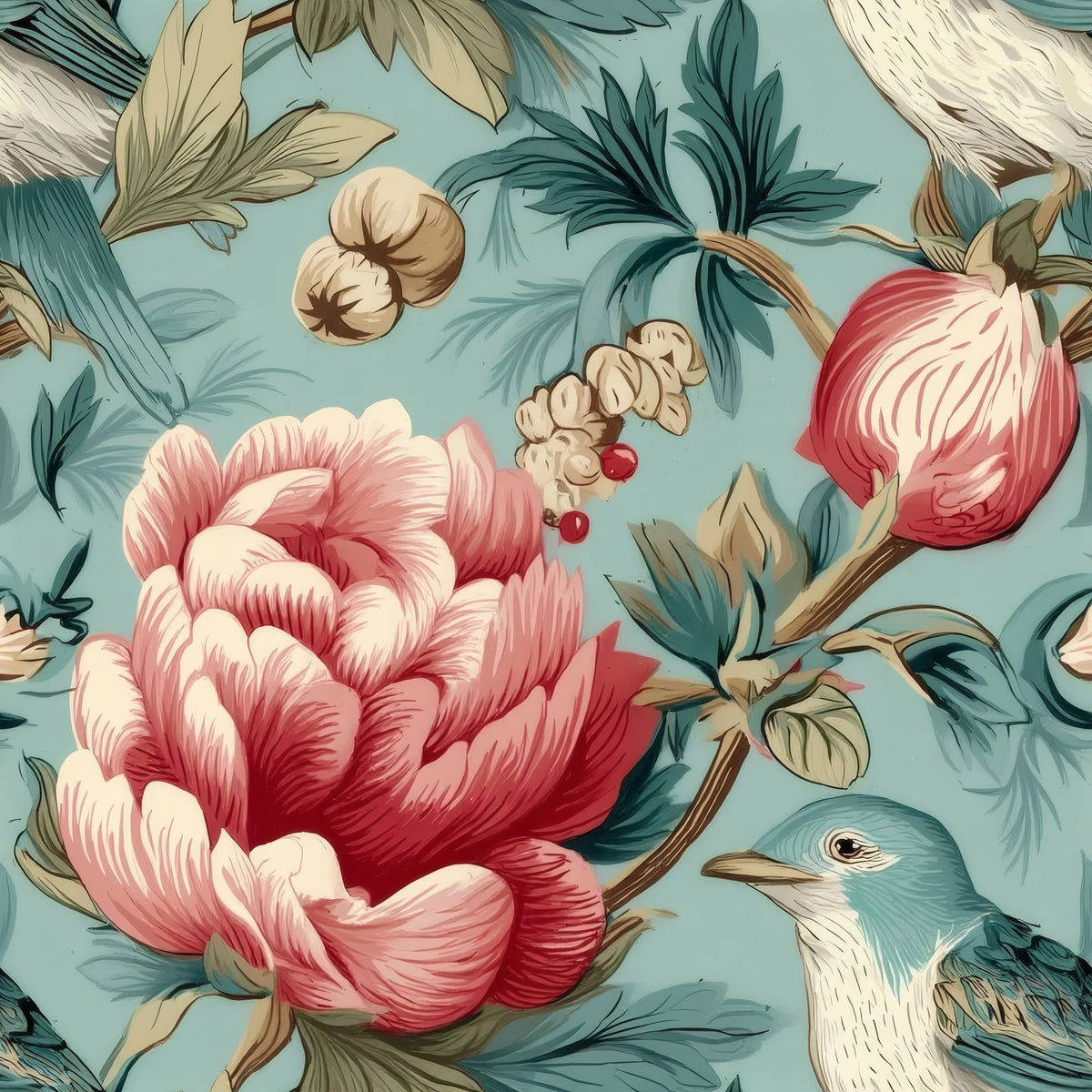 Peony Perch large scale wallpaper pattern repeat