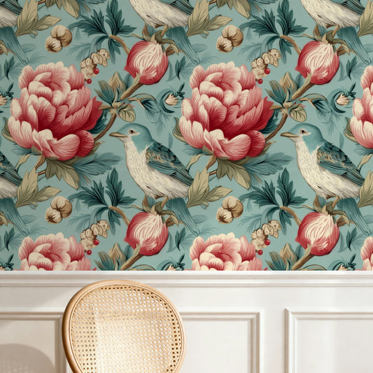 Peony Perch large scale wallpaper in a styled room