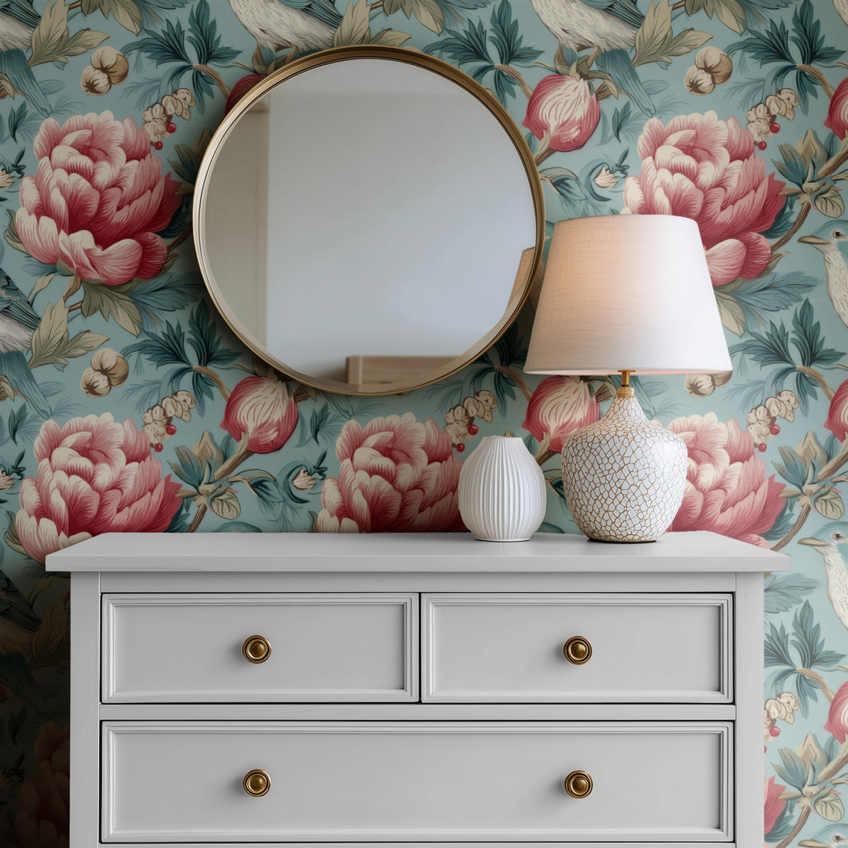 Peony Perch large scale wallpaper in a styled room