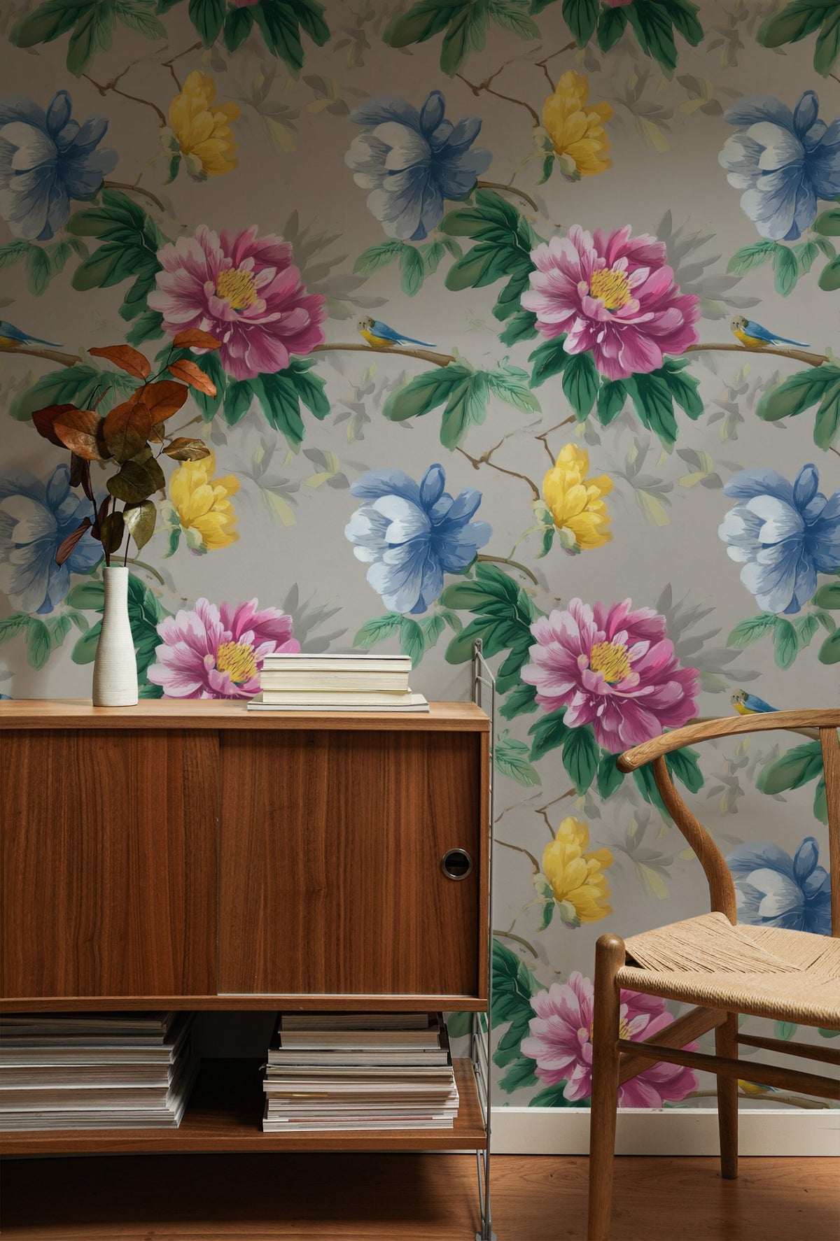 Peony Songbird large scale wallpaper in a styled room
