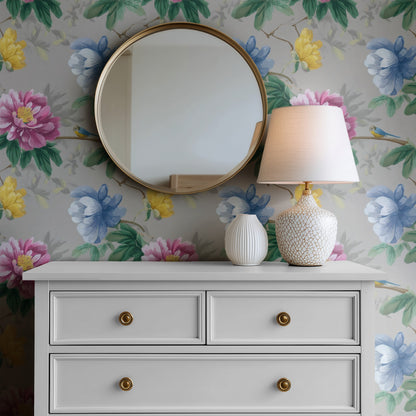 Peony Songbird large scale wallpaper in a styled room