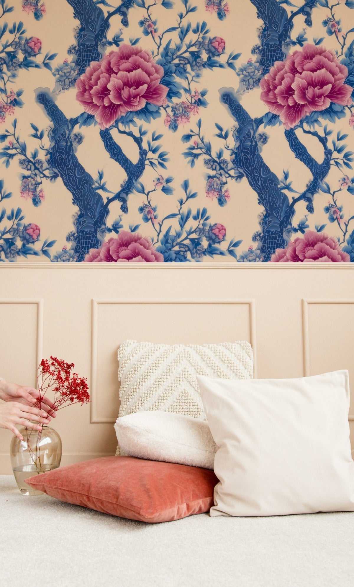 Peony Tree large scale wallpaper in a styled room