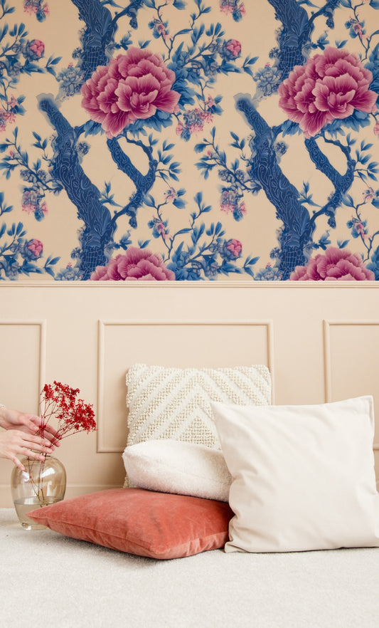 Peony Tree large scale wallpaper in a styled room
