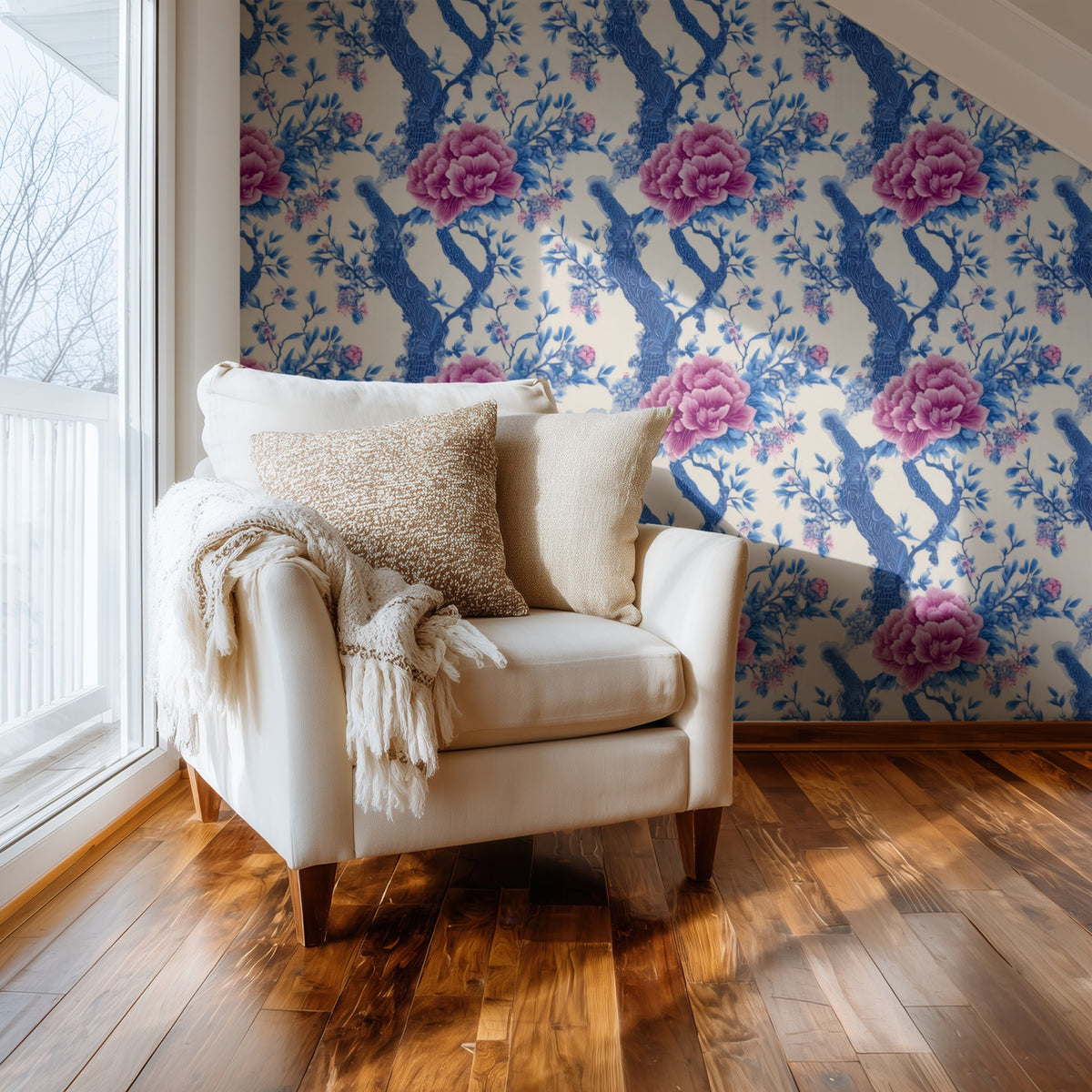 Peony Tree large scale wallpaper in a styled room