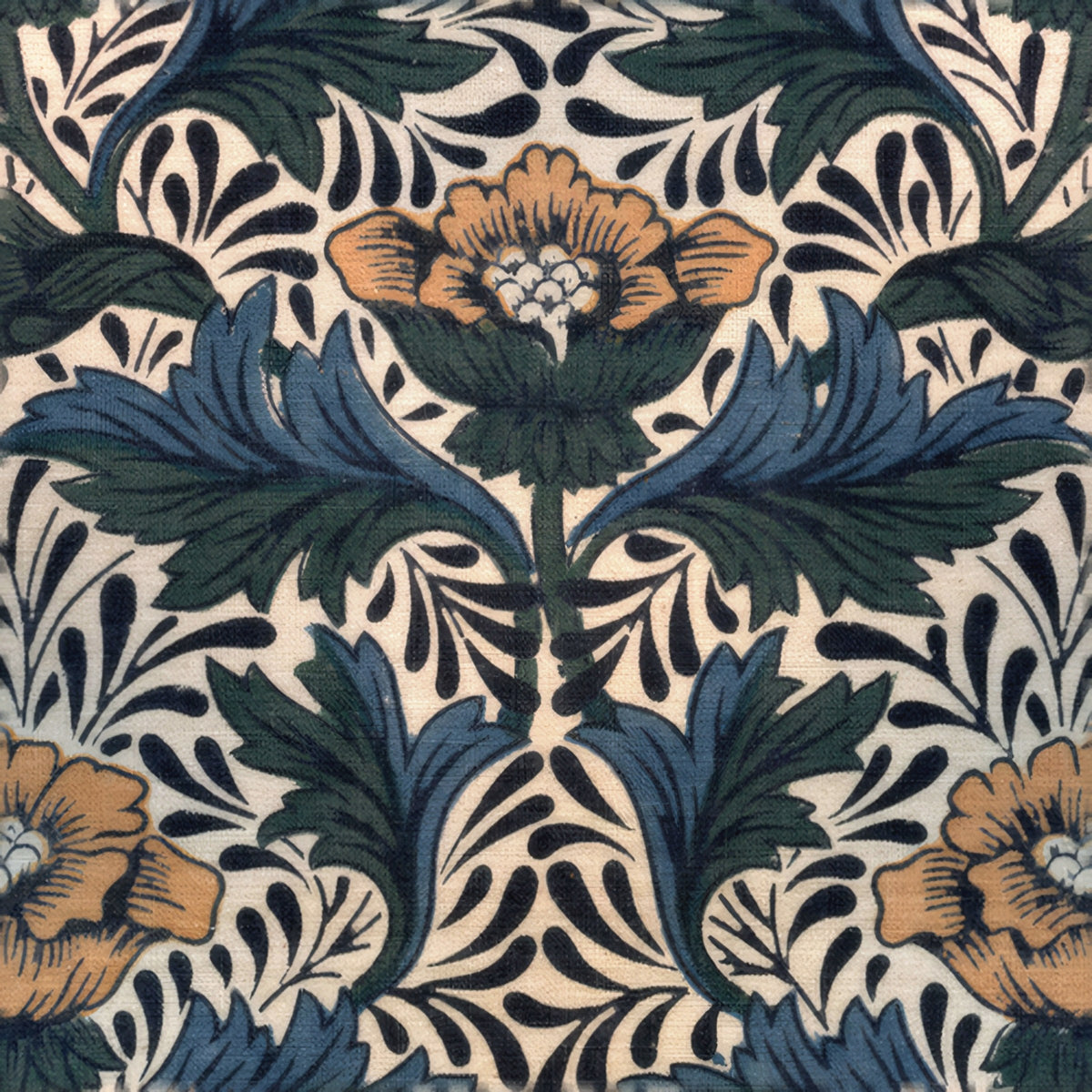 Peach peonies and slate-blue leaves framed by navy scrolls on a pale peach ground, a William Morris design.