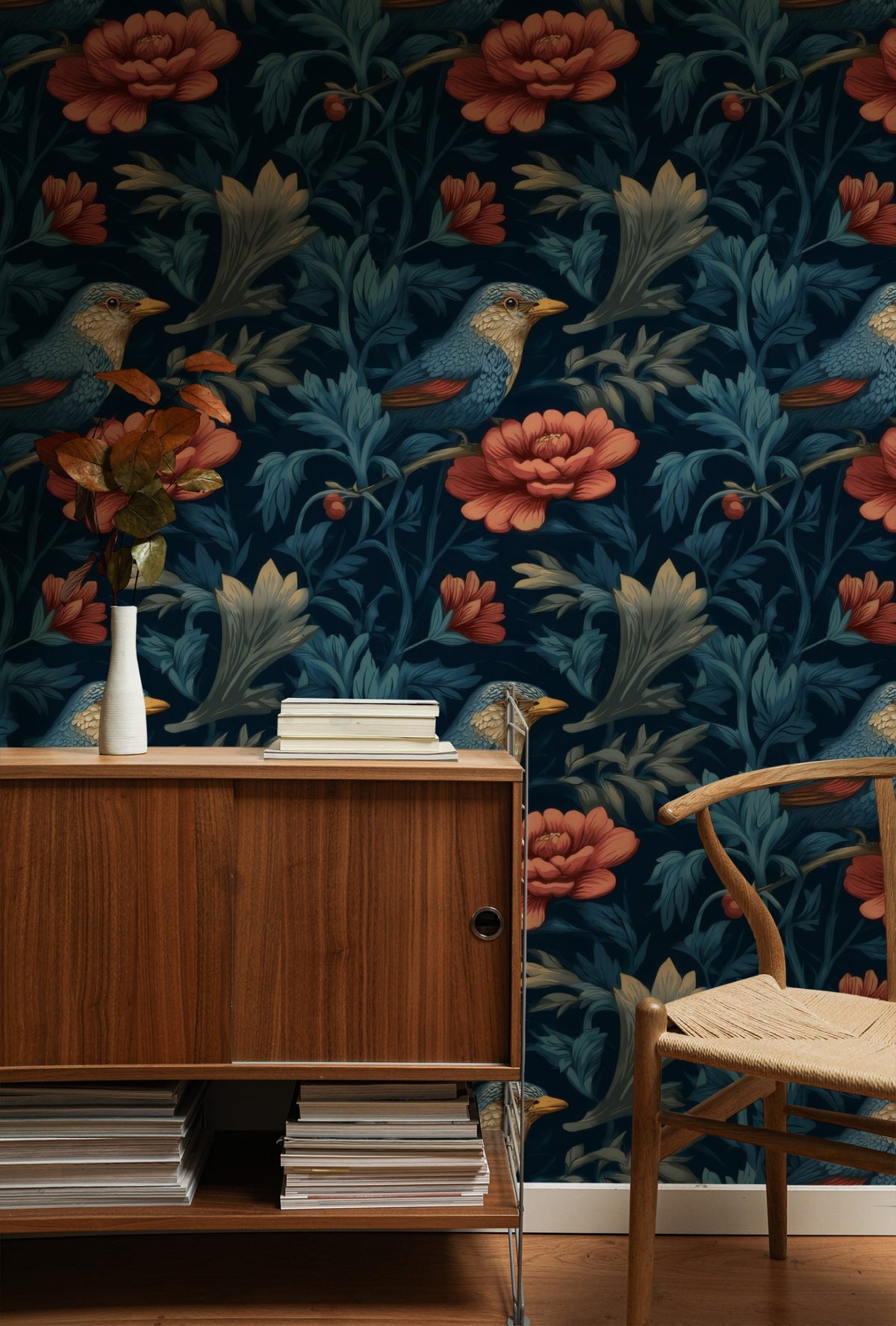 Perched Songbird large scale wallpaper in a styled room