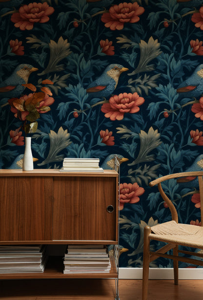 Perched Songbird large scale wallpaper in a styled room