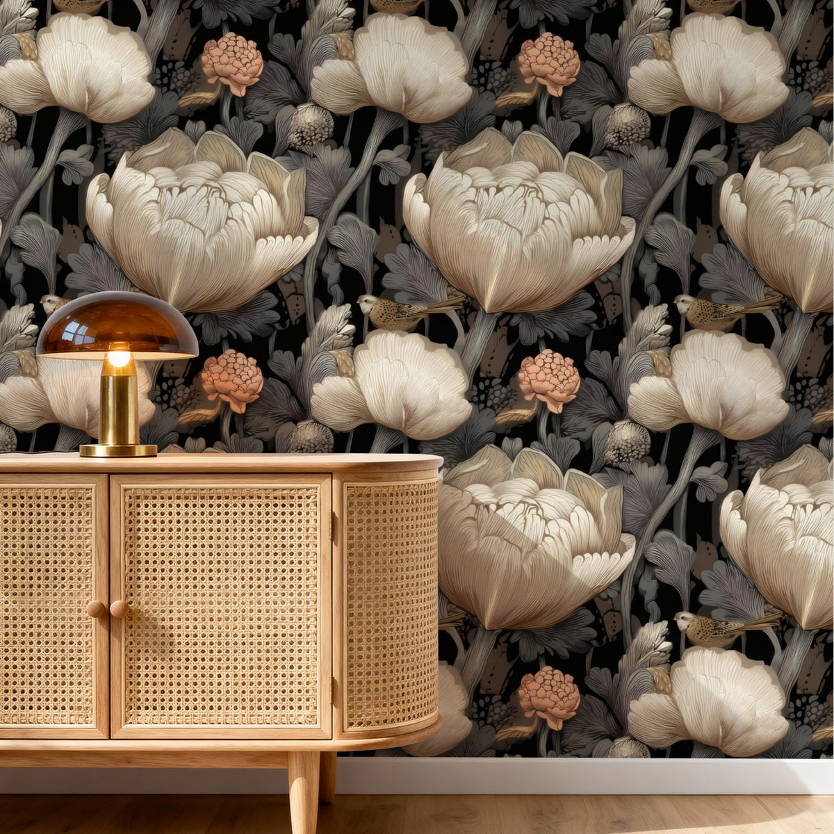 Perched Sparrow large scale wallpaper in a styled room