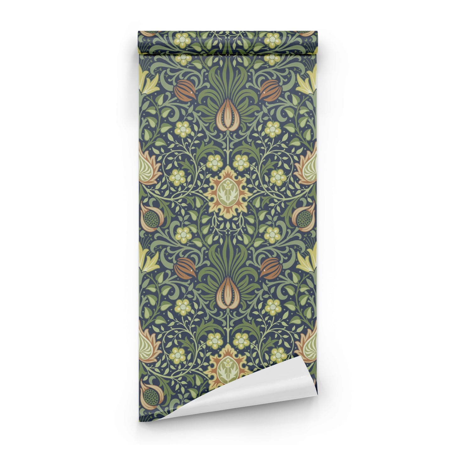 Green Floral Wallpaper roll close-up showing the Persian-inspired drawing in close heritage green Morris detail