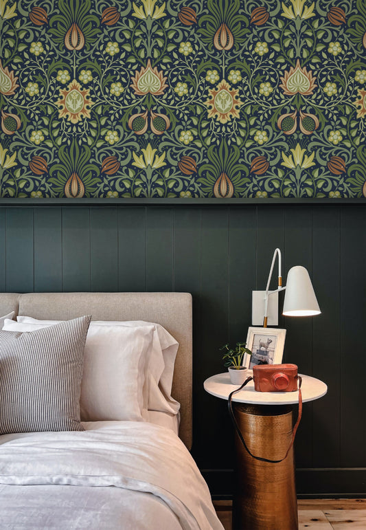 Green Floral Wallpaper installed in a room interior with the Morris Persian-inspired botanical design in heritage green
