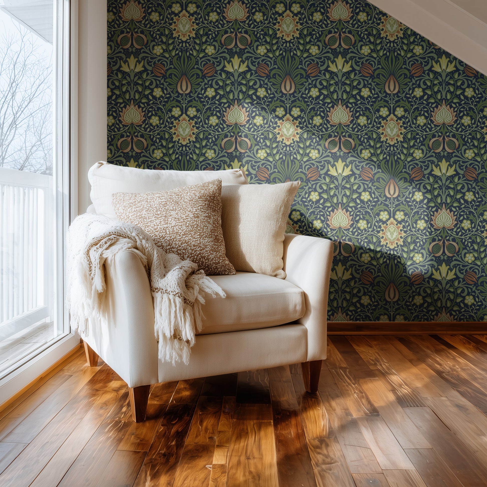 Green Floral Wallpaper shown in a second room with the Persian green reading as historically referenced Morris decoration