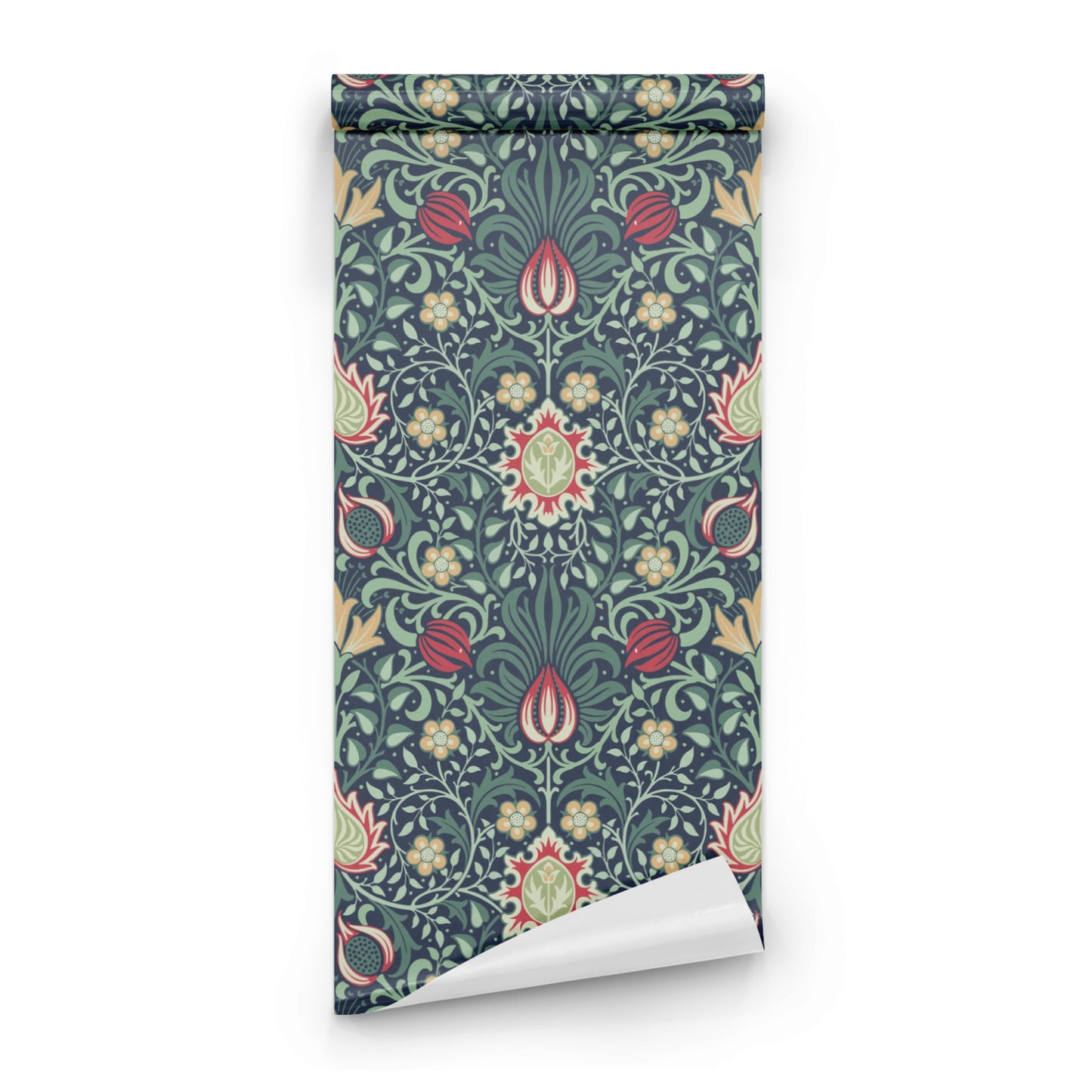 Red Floral Wallpaper roll preview showing the Persian-inspired drawing in close heritage red Morris detail