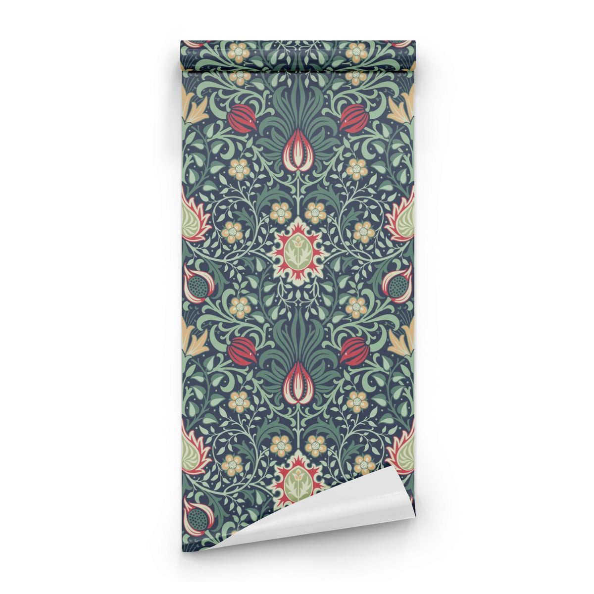 Red Floral Wallpaper roll preview showing the Persian-inspired drawing in close heritage red Morris detail