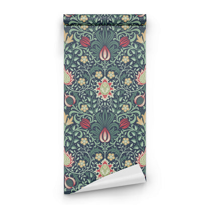 Red Floral Wallpaper roll preview showing the Persian-inspired drawing in close heritage red Morris detail