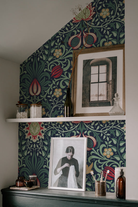 Red Floral Wallpaper installed on a room wall with the Morris Persian-inspired botanical design in heritage red