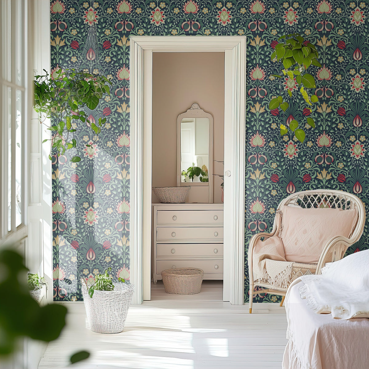 Red Floral Wallpaper shown in a second interior with the Persian red reading as warmly historical Morris decoration