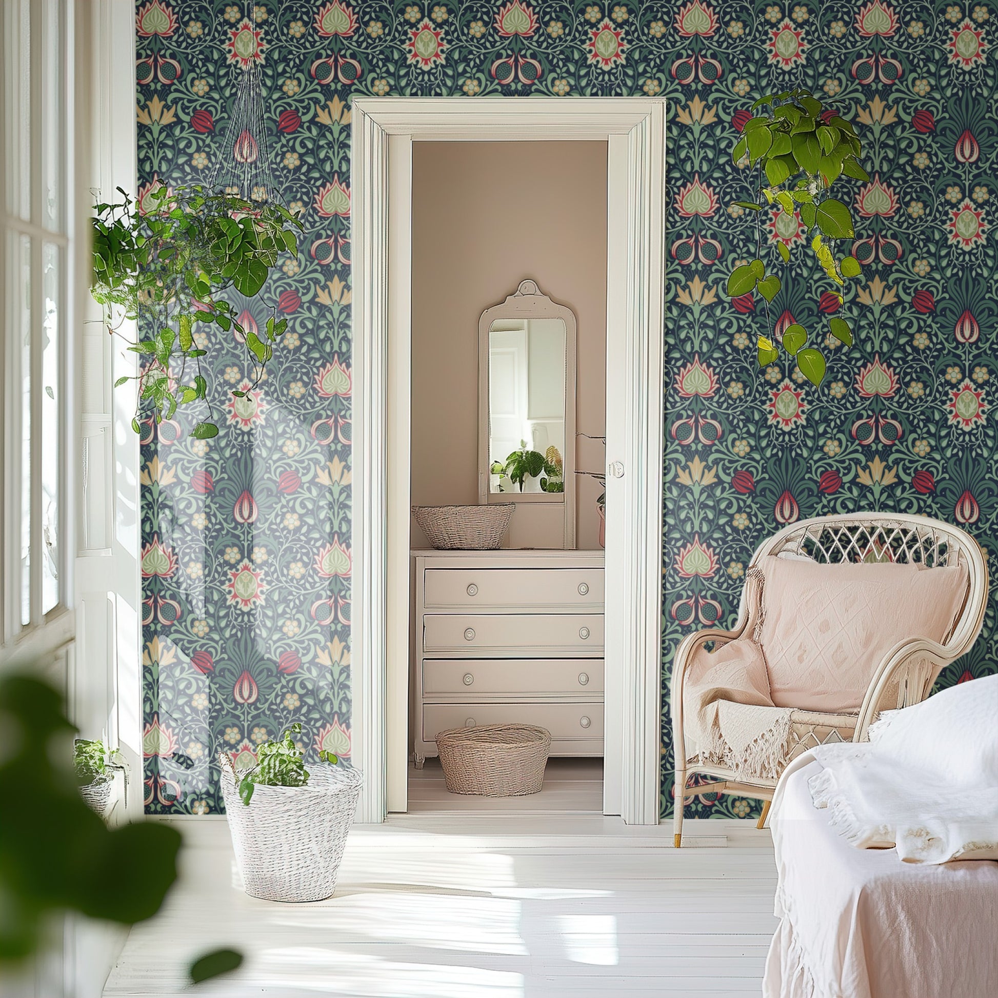 Red Floral Wallpaper shown in a second interior with the Persian red reading as warmly historical Morris decoration