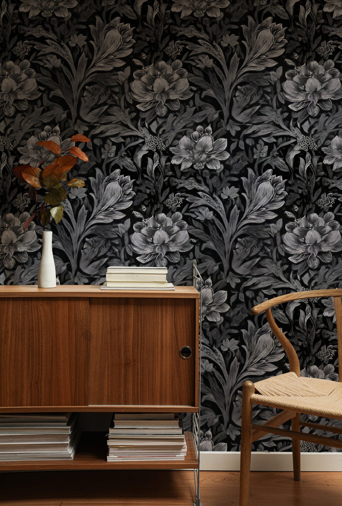 Pewter Damask large scale wallpaper in a styled room