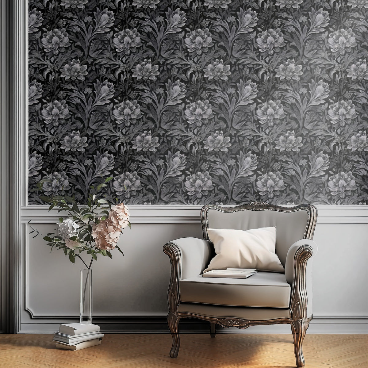 Pewter Damask large scale wallpaper in a styled room