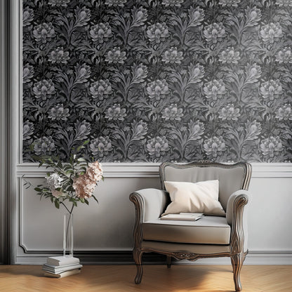 Pewter Damask large scale wallpaper in a styled room