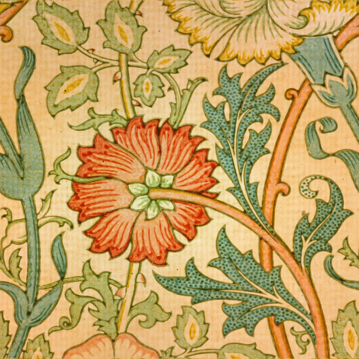 Orange carnation and teal leaves on golden stems over a warm apricot ground, a William Morris design.