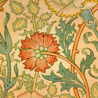 Orange carnation and teal leaves on golden stems over a warm apricot ground, a William Morris design.