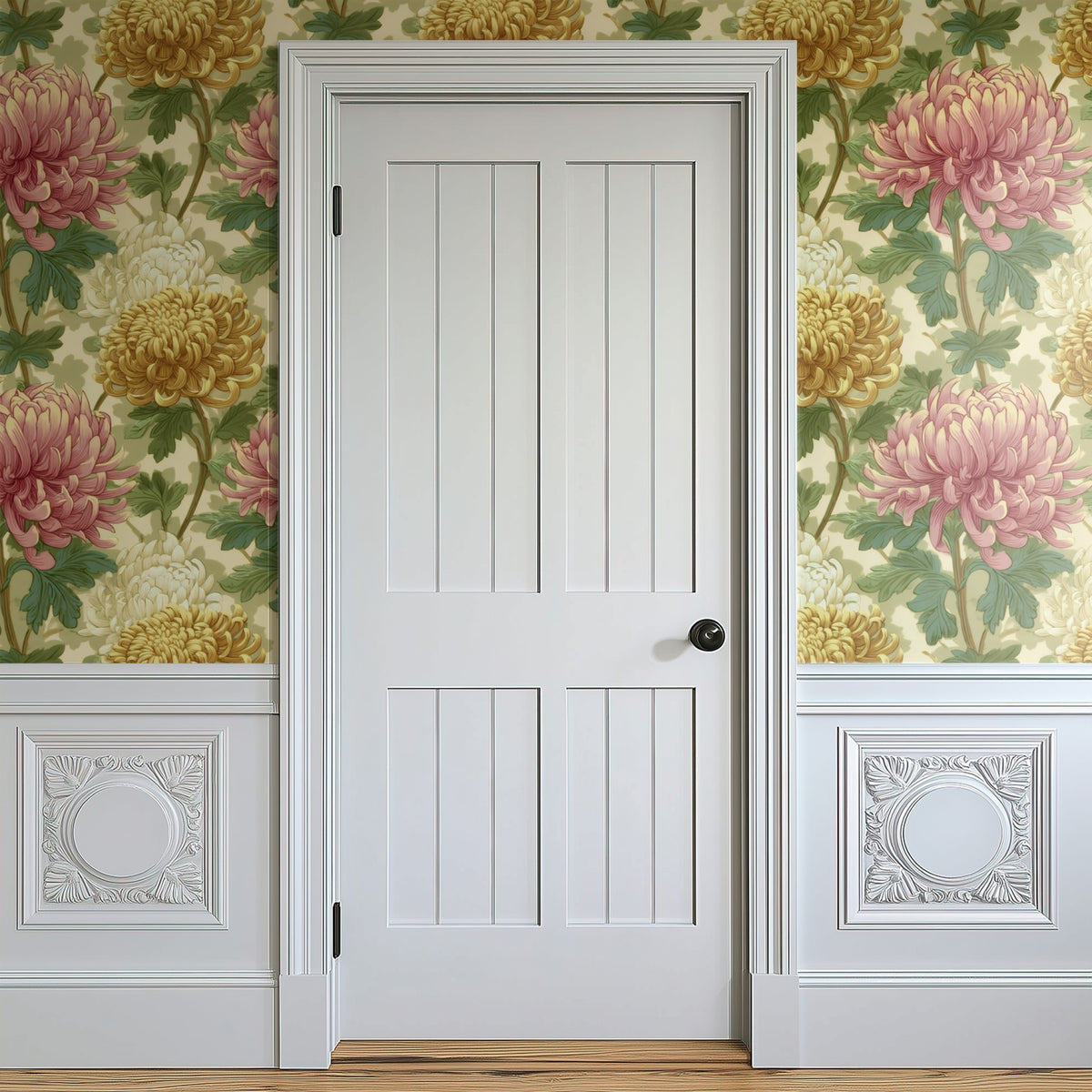 Pink Chrysanthemum large scale wallpaper in a styled room