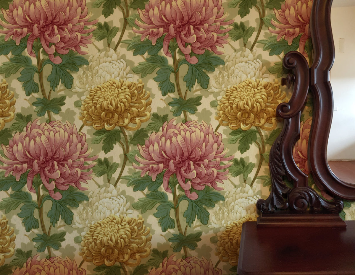 Pink Chrysanthemum large scale wallpaper in a styled room