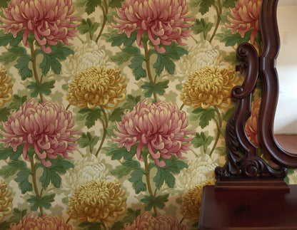 Pink Chrysanthemum large scale wallpaper in a styled room