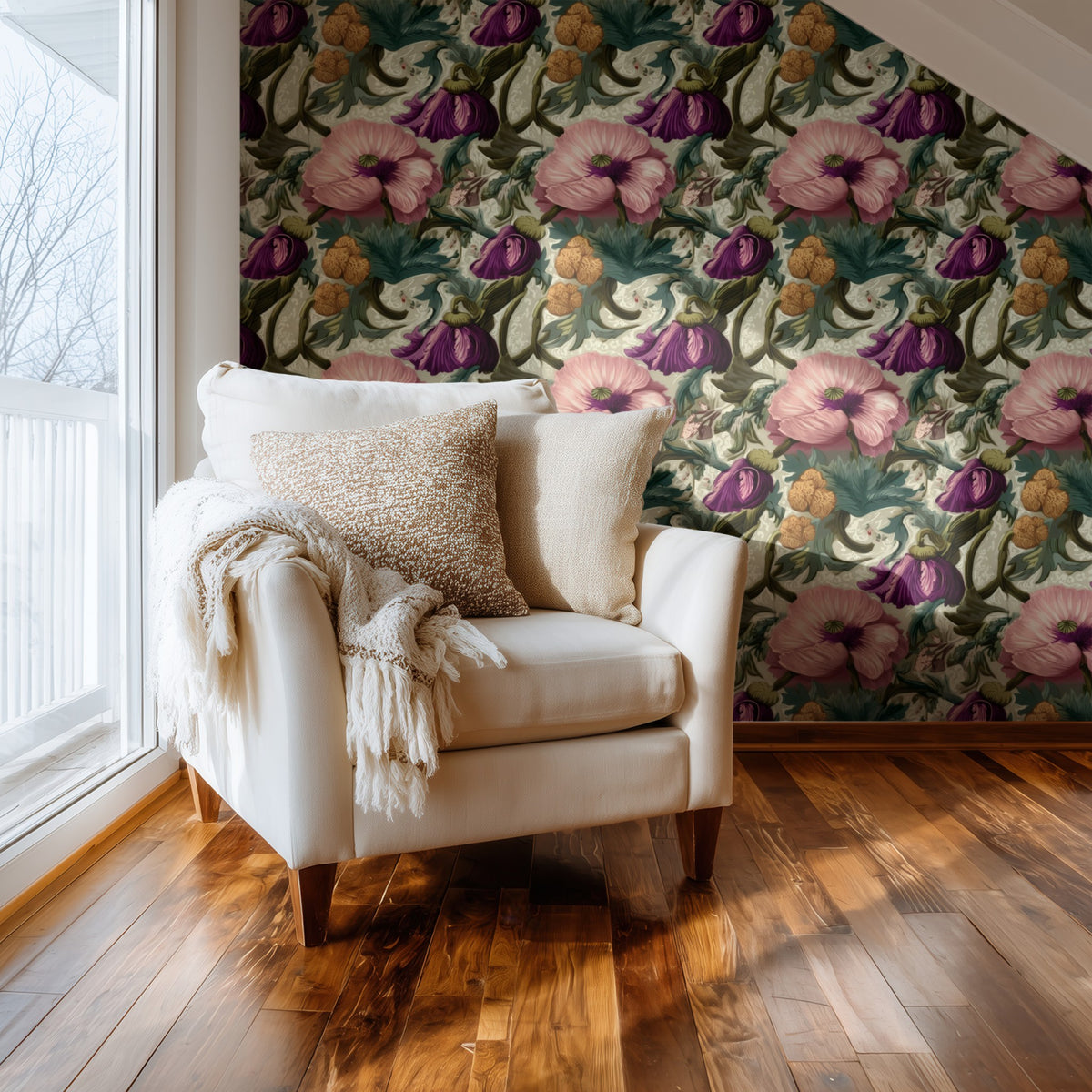 Pink Damask large scale wallpaper in a styled room