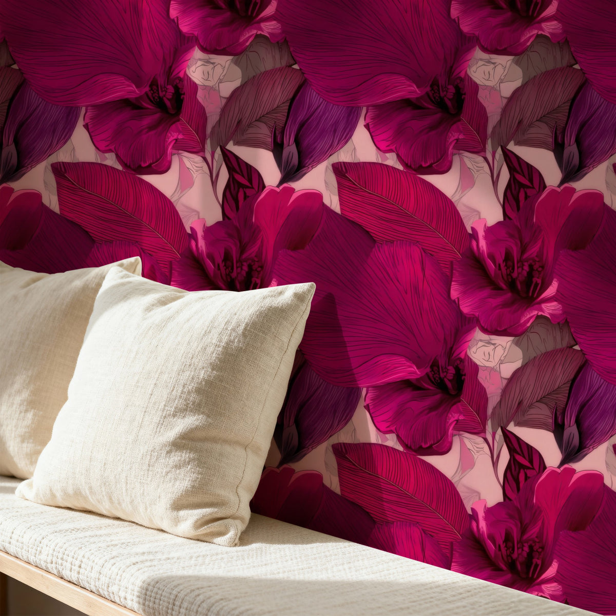 Pink Leaf large scale wallpaper in a styled room