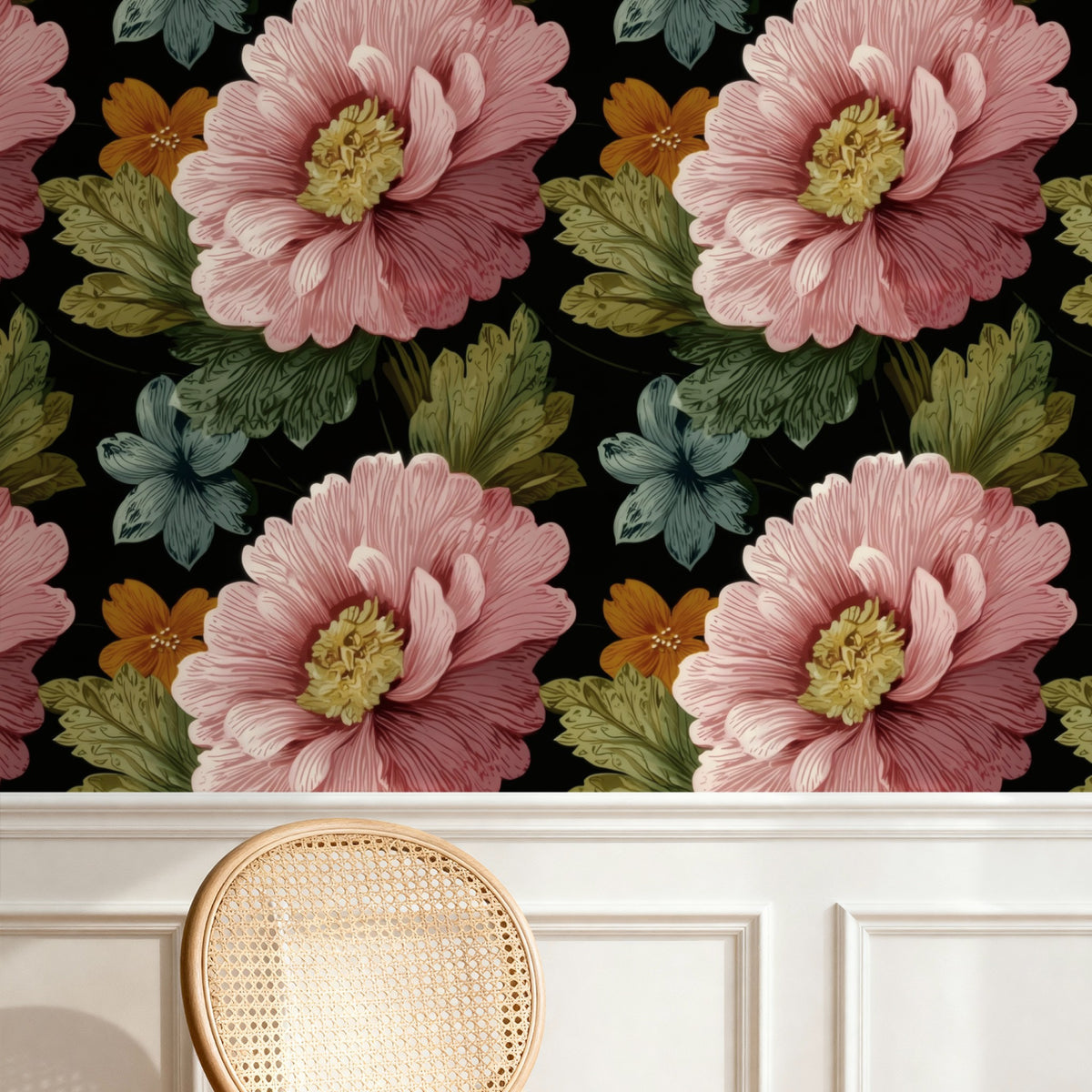 Pink Peony large scale wallpaper in a styled room
