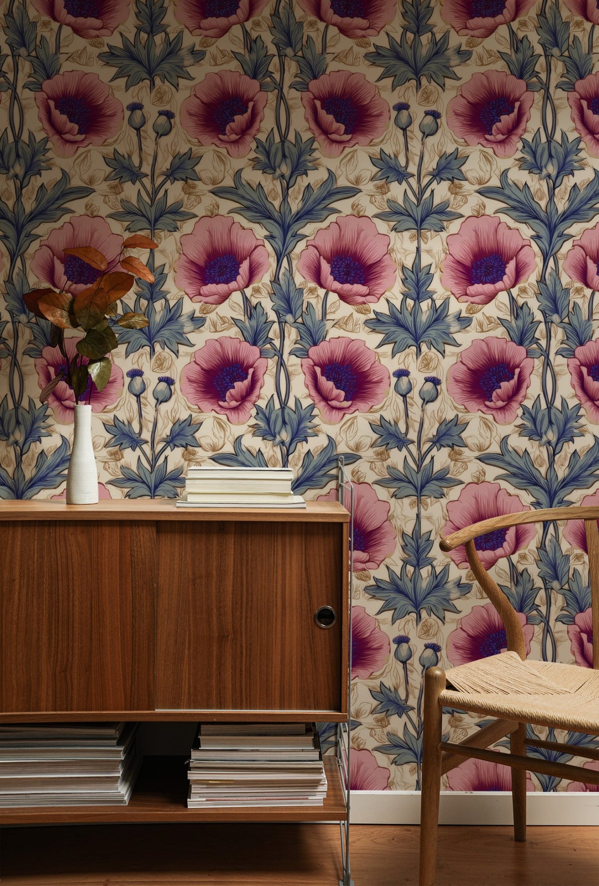 Pink Poppy large scale wallpaper in a styled room