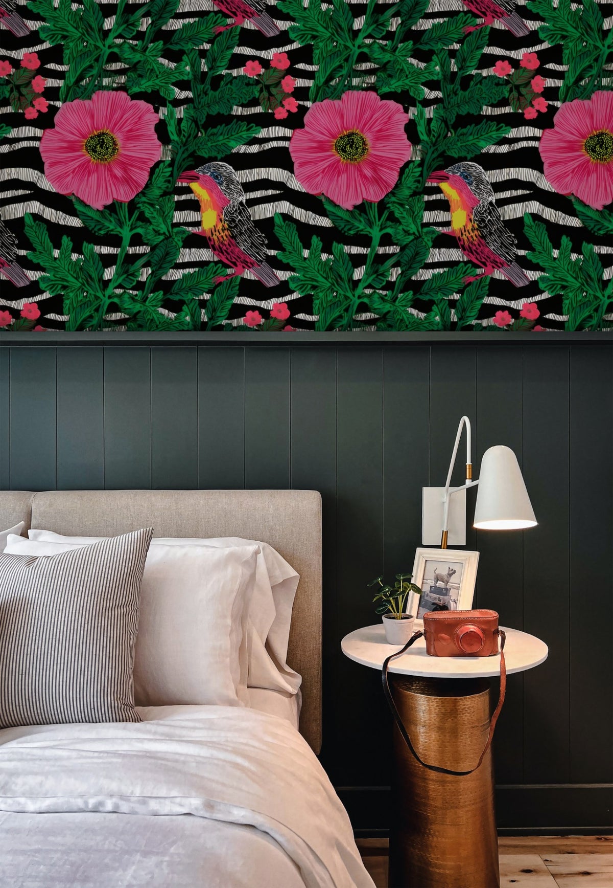 Pink Zebra large scale wallpaper in a styled room