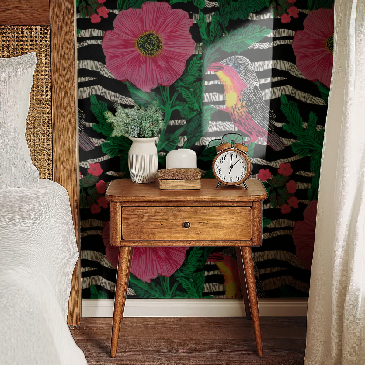 Pink Zebra large scale wallpaper in a styled room